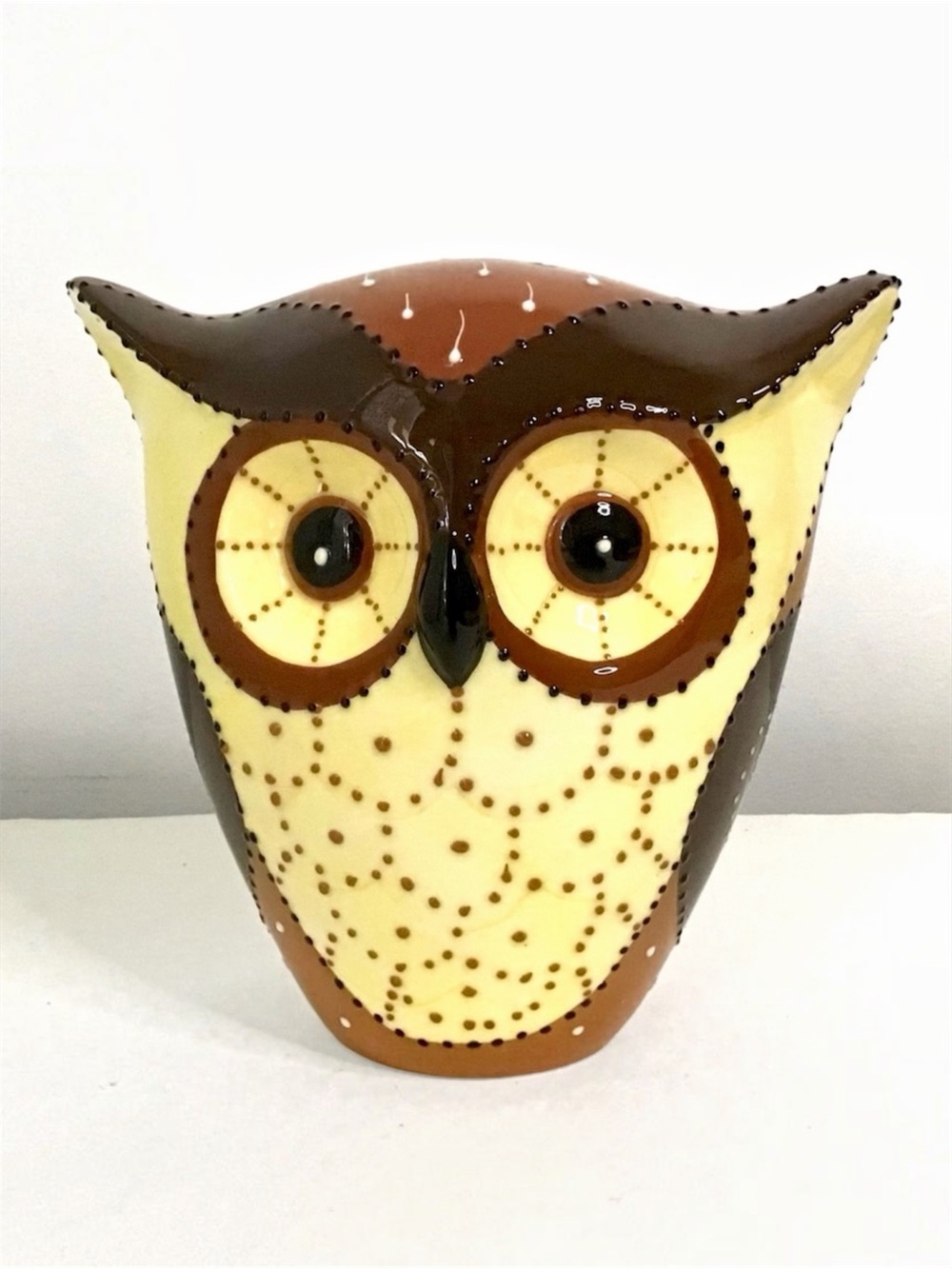 Ceramic Owl Figurine Statue 8” Tabletop Decoration Yellow Brown Textured Dots